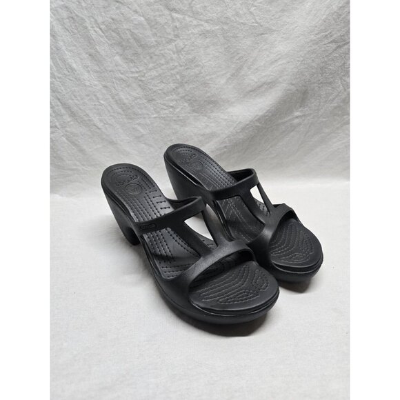 Women's Crocs Cyprus 3.5 Inch Heels Sandals Size 10 Black - Picture 2 of 10